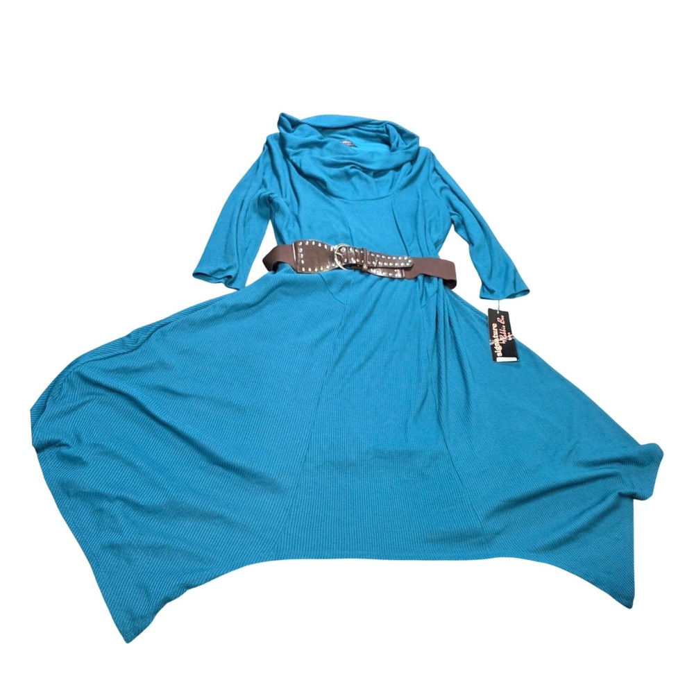 Signature by Robbie Bee Sharkbite Dress Women's Size 1X Teal Studded Belt NWT